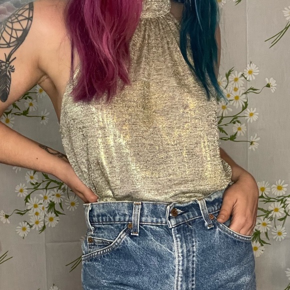 Anthropologie Sunday in Brooklyn gold silver metallic halter high neck tank top - Picture 2 of 7